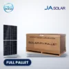 JA Solar JAM72D30/MB bifacial solar panel beside a full pallet carton, with CSE Solar USA and JA Solar logos