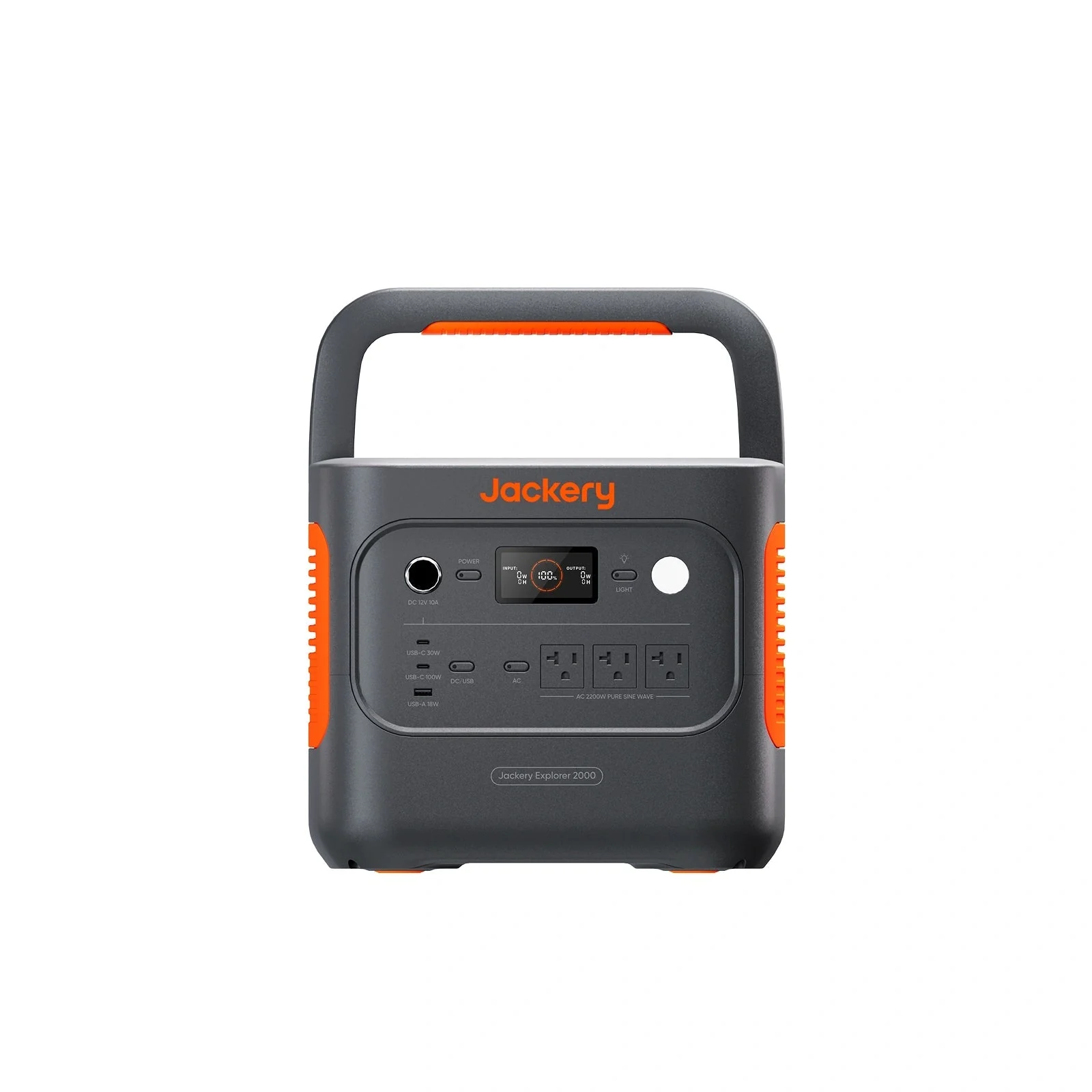 Jackery Explorer 2000 v2 – front view Jackery Explorer 2000 v2 portable power station, front view with AC outlets, USB ports and display