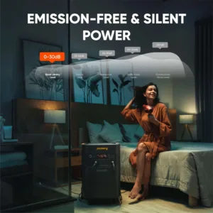 Jackery Explorer 5000 Plus running quietly indoors at night: emission-free and silent power, about 30 dB