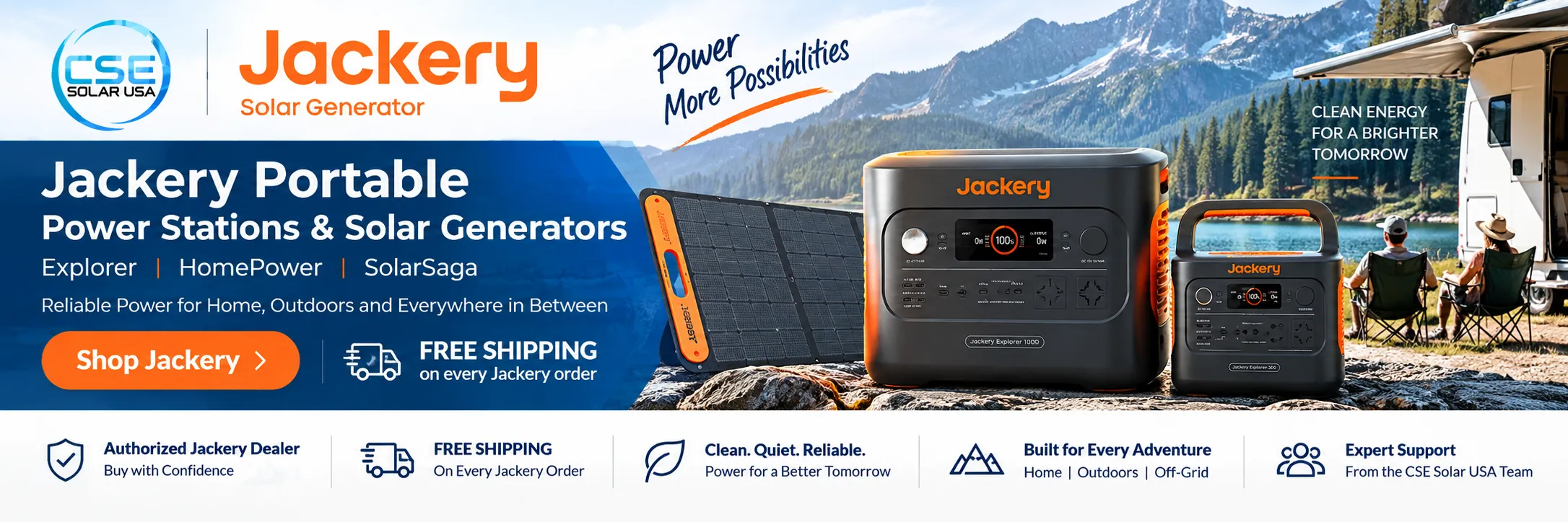 Jackery portable power stations and solar generators available from authorized Jackery dealer CSE Solar USA