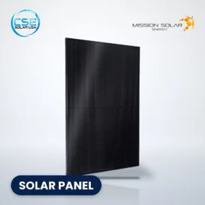 Mission Solar MSX10-HN0B N-type 108 half-cell all-black solar panel, with CSE Solar USA and Mission Solar logos