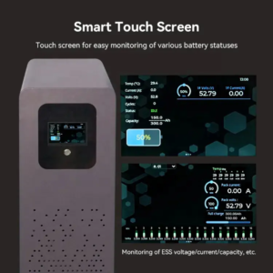DOCAN ENERGY ZZ48900M smart touchscreen displaying battery voltage, current, capacity and cell status