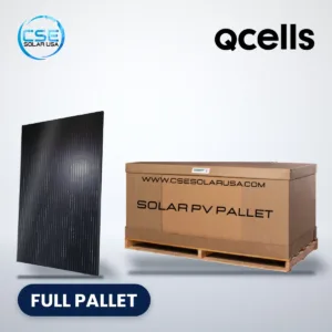 Qcells Q.PEAK DUO BLK ML-G10+ series all-black solar panel beside a full pallet carton, with CSE Solar USA and Qcells logos