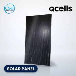 Qcells Q.PEAK DUO BLK ML-G10+ series all-black solar panel, with CSE Solar USA and Qcells logos