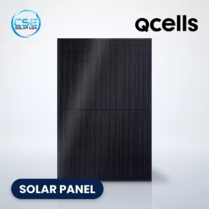 Qcells Q.TRON BLK M-G2+ series all-black solar panel, with CSE Solar USA and Qcells logos