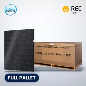 REC Alpha Pure-RX solar panel beside a full pallet carton, with CSE Solar USA and REC logos