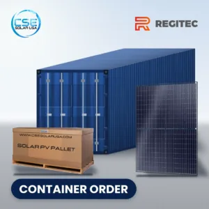 Regitec RMH54 B1 mono PERC black-frame solar panel with pallet and shipping container, container order, with CSE Solar USA and Regitec logos