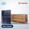 Regitec RMH54 B1 mono PERC black-frame solar panel beside a full pallet carton, with CSE Solar USA and Regitec logos