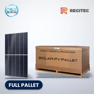 Regitec RMH72 S1 mono PERC solar panel beside a full pallet carton, with CSE Solar USA and Regitec logos