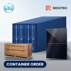 Regitec RMHT54 AB2 all-black glass-glass bifacial solar panel with pallet and shipping container, container order, with CSE Solar USA and Regitec logos