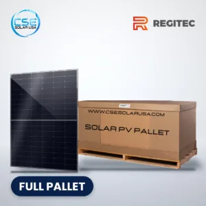 Regitec RMHT54 AB2 all-black glass-glass bifacial solar panel beside a full pallet carton, with CSE Solar USA and Regitec logos
