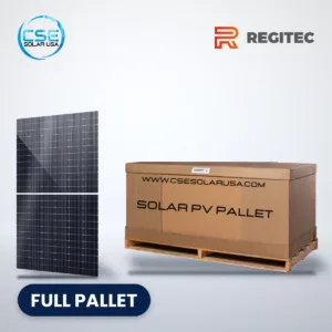 Regitec RMHT72 S1 N-type TOPCon solar panel beside a full pallet carton, with CSE Solar USA and Regitec logos