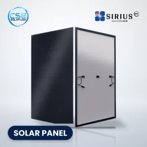 SIRIUS PV ELNSM54M-HC-410 410W PERC all-black solar panel, front and back view, with CSE Solar USA and SIRIUS PV logos
