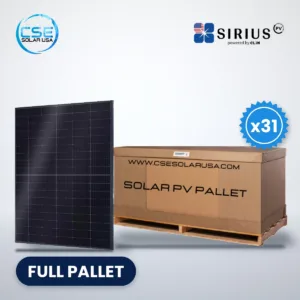 SIRIUS PV ELNSM54M-HC-N-450 450W solar panel beside a full pallet carton, 31 panels per pallet, with CSE Solar USA and SIRIUS PV logos