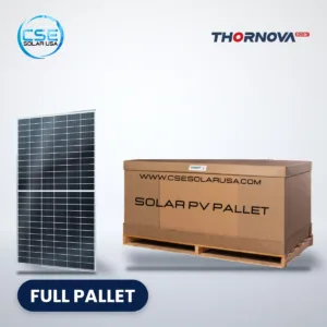 Thornova Tangra M Pro TS-BGT72 N-type bifacial solar panel beside a full pallet carton, with CSE Solar USA and Thornova logos