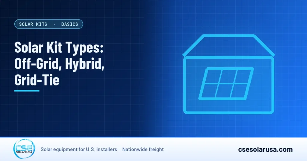 Solar Kit Types: Off-Grid, Hybrid, Grid-Tie — CSE Solar USA blog cover (illustration)