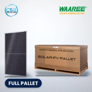 Waaree Elite Series BiN-08 N-type TOPCon bifacial solar panel beside a full pallet carton, with CSE Solar USA and Waaree logos