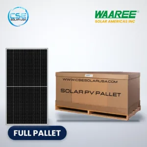 Waaree Elite R Series BiN-21 N-type bifacial solar panel beside a full pallet carton, with CSE Solar USA and Waaree logos