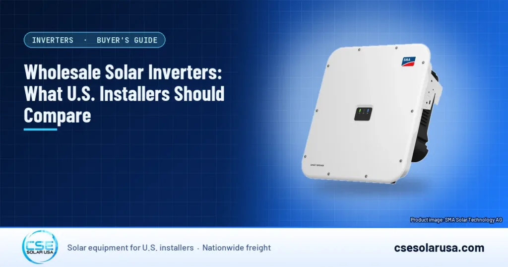 Wholesale solar inverters: what U.S. installers should compare. SMA Sunny Tripower X inverter on a blue CSE Solar USA cover