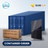 ZNShine ZXM7-UHLDD144 bifacial solar panel with pallet and shipping container, container order, with CSE Solar USA and ZNShine Solar logos