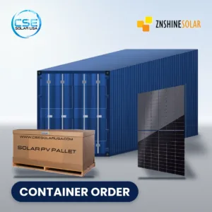 ZNShine ZXM7-UHLDD144 bifacial solar panel with pallet and shipping container, container order, with CSE Solar USA and ZNShine Solar logos