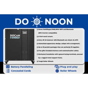 DOCAN ENERGY DO-NOON features including smart BMS, Wi-Fi, Bluetooth, touchscreen, active balancing and parallel capability