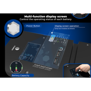 DOCAN ENERGY DO-NOON 5-inch touchscreen showing battery capacity, voltage, current and operating status